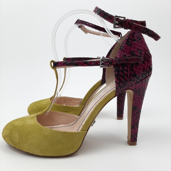 Allen Schwartz Citron Raspberry Deco Suede and Snakeskin Heels Size 9.5 - Picture 7 of 16